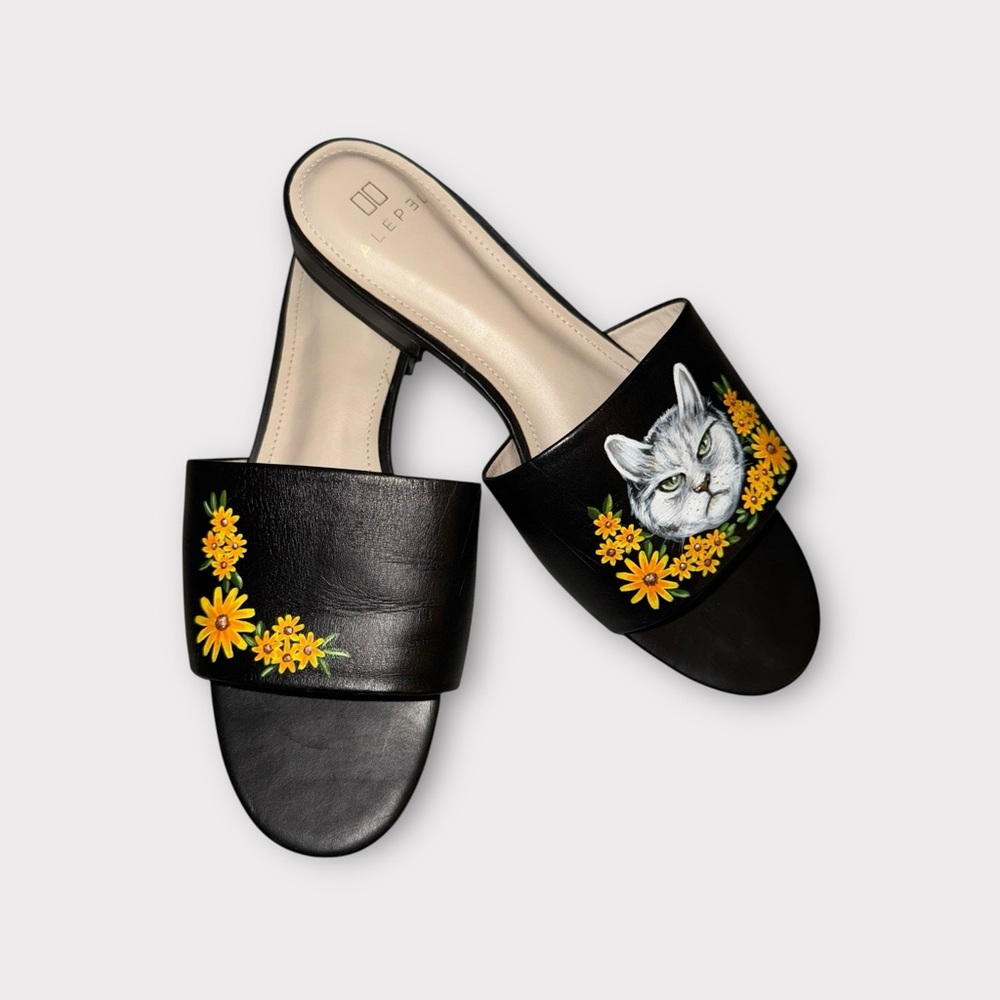 Alepel Luxury Hand  Painted Black Cat Floral Slide Sandals